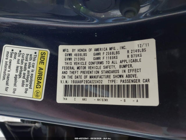 Aukcja sprzedaży 2012 Acura Tl 3.5, vin: 19UUA8F29CA020432, numer aukcji: 45232541