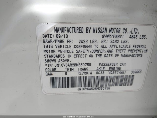 Aukcja sprzedaży 2011 Infiniti G37x, vin: JN1CV6AR2BM350758, numer aukcji: 45232551