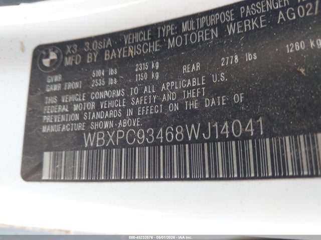 Auction sale of the 2008 Bmw X3 3.0si, vin: WBXPC93468WJ14041, lot number: 45232576
