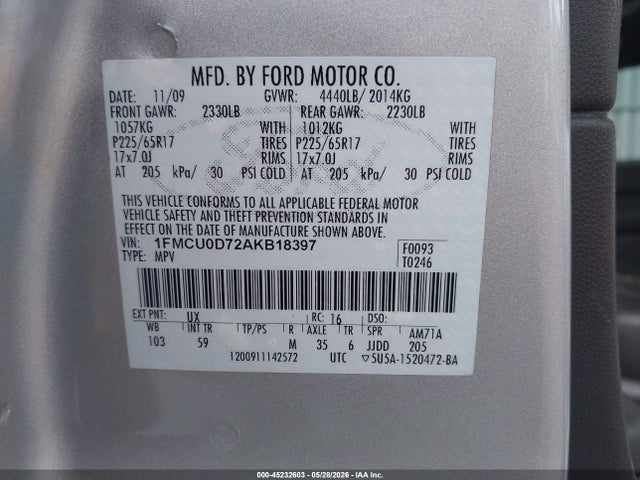 Продажа на аукционе авто 2010 Ford Escape Xlt, vin: 1FMCU0D72AKB18397, номер лота: 45232603