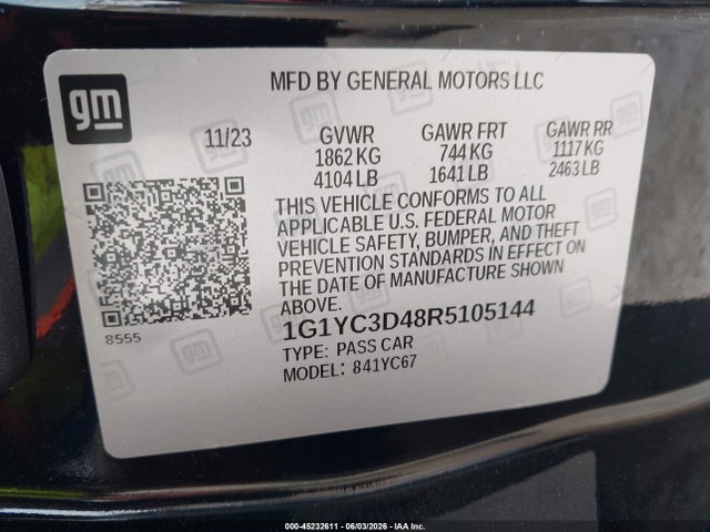 Продажа на аукционе авто 2024 Chevrolet Corvette Stingray Rwd  3lt, vin: 1G1YC3D48R5105144, номер лота: 45232611