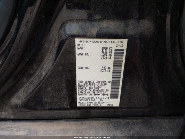 Aukcja sprzedaży 2015 Nissan Altima 2.5/2.5 S/2.5 Sl/2.5 Sv, vin: 1N4AL3AP3FC451574, numer aukcji: 45232615