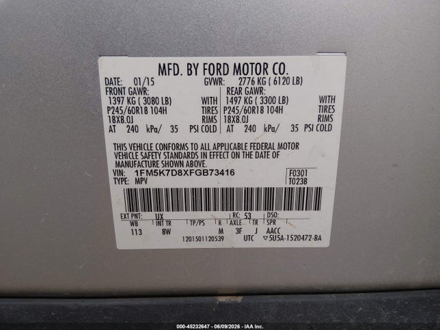 Ford EXPLORER XLT 2015 1FM5K7D8XFGB73416 Image 9