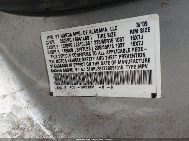 Aukcja sprzedaży 2009 Honda Odyssey Ex, vin: 5FNRL38479B051016, numer aukcji: 45232654
