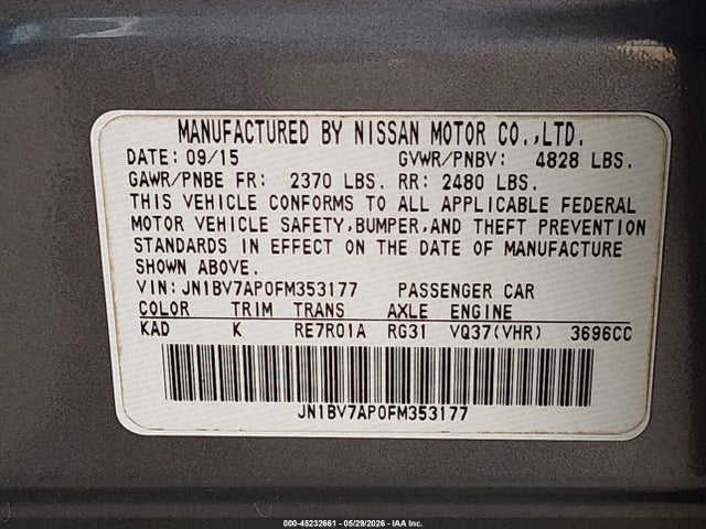Продаж на аукціоні авто 2015 Infiniti Q50 Premium, vin: JN1BV7AP0FM353177, номер лоту: 45232661