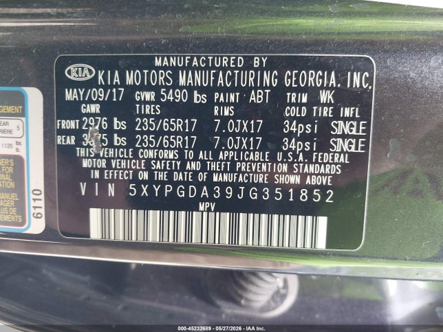 2018 Kia Sorento 2.4l Lx მანქანა იყიდება აუქციონზე, vin: 5XYPGDA39JG351852, აუქციონის ნომერი: 45232689