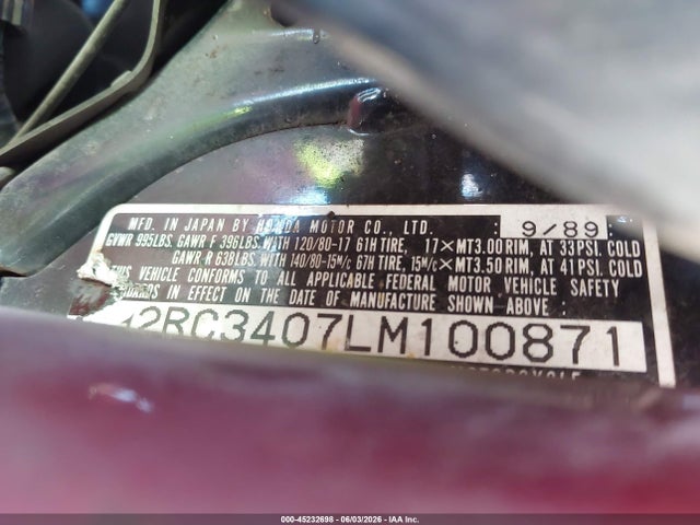 45232698 :رقم المزاد ، JH2RC3407LM100871 vin ، 1990 Honda Pc800 مزاد بيع