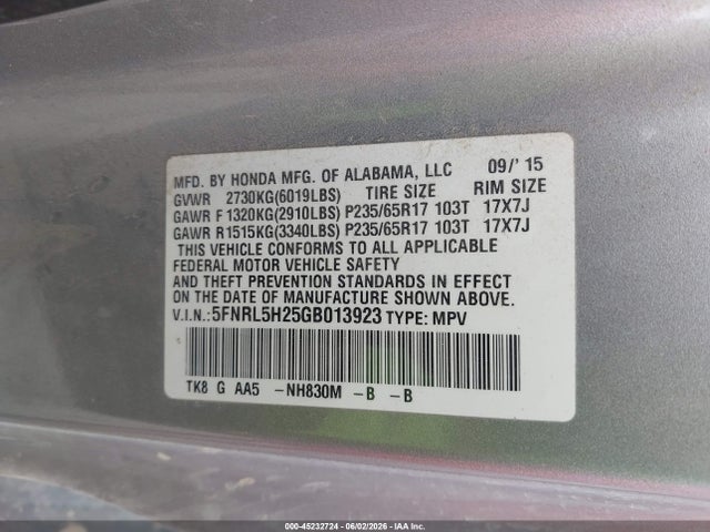 Honda ODYSSEY LX 2016 5FNRL5H25GB013923 Image 9