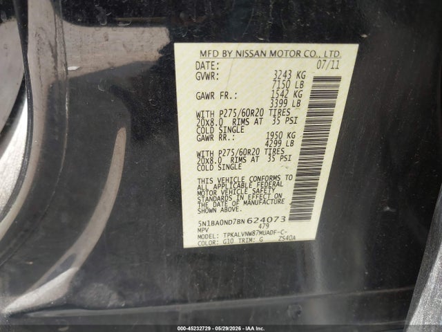 Продаж на аукціоні авто 2011 Nissan Armada Sl, vin: 5N1BA0ND7BN624073, номер лоту: 45232729