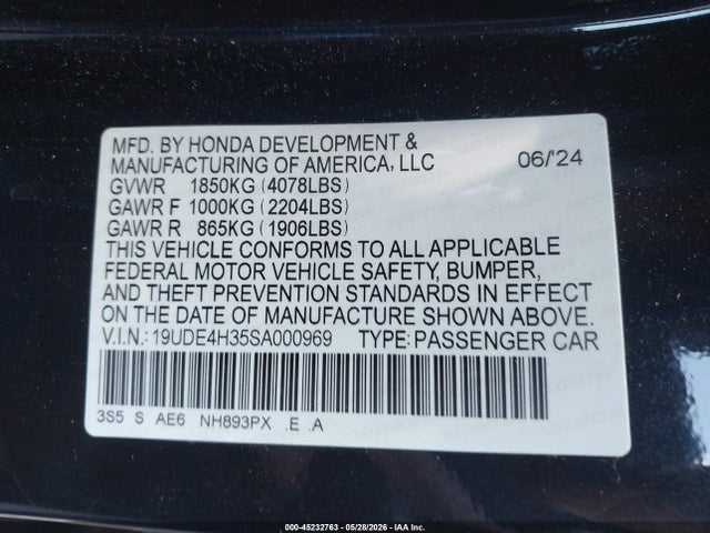 45232763 :رقم المزاد ، 19UDE4H35SA000969 vin ، 2025 Acura Integra A-spec مزاد بيع
