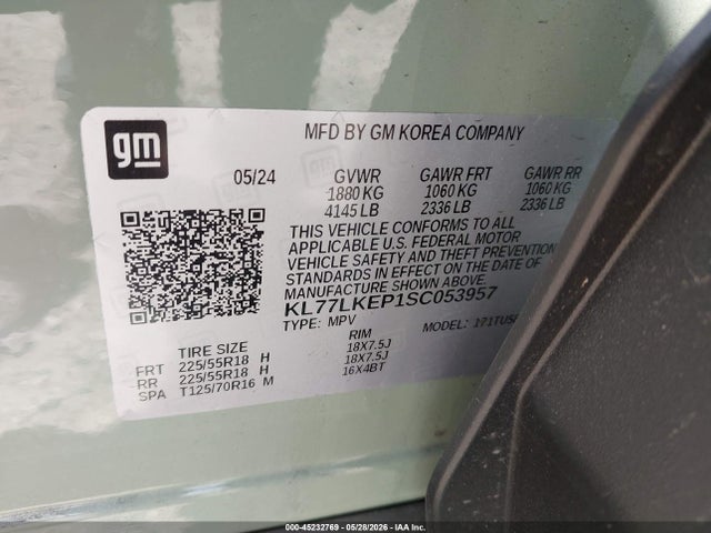 2025 Chevrolet Trax Fwd Activ მანქანა იყიდება აუქციონზე, vin: KL77LKEP1SC053957, აუქციონის ნომერი: 45232769
