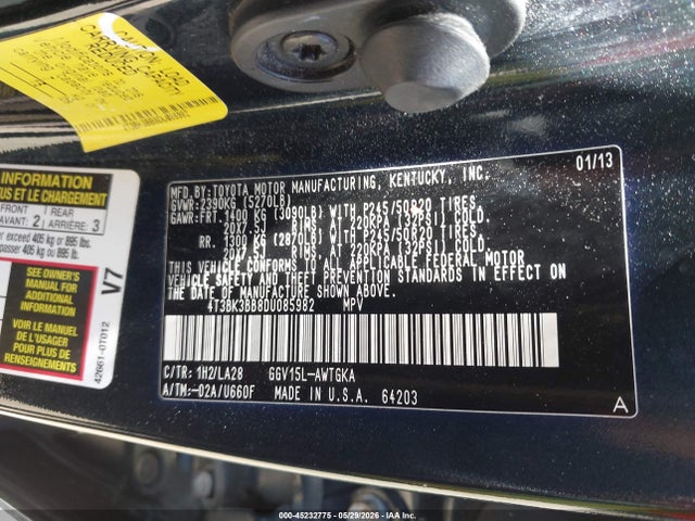 Aukcja sprzedaży 2013 Toyota Venza Limited V6, vin: 4T3BK3BB8DU085982, numer aukcji: 45232775