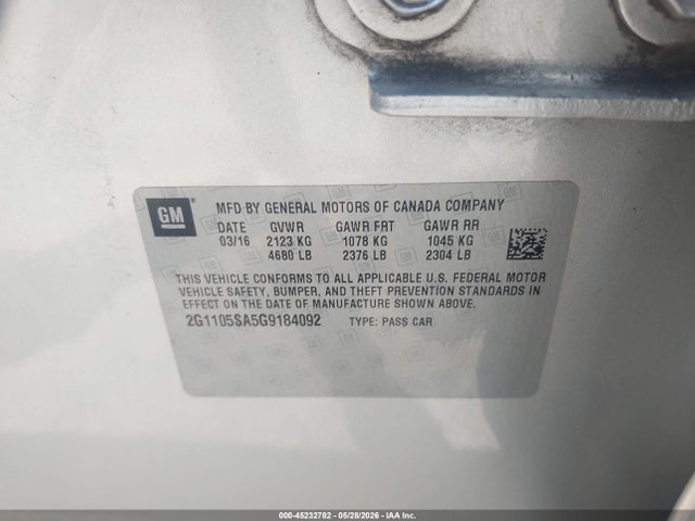 Chevrolet IMPALA 1LT 2016 2G1105SA5G9184092 Image 9