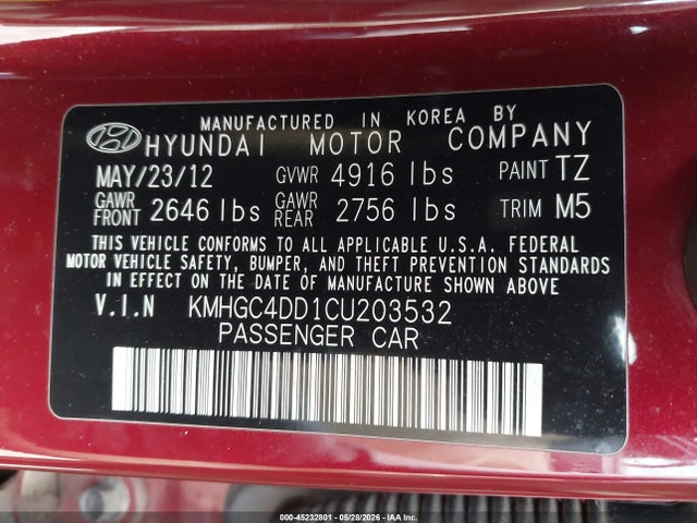 Продаж на аукціоні авто 2012 Hyundai Genesis 3.8, vin: KMHGC4DD1CU203532, номер лоту: 45232801
