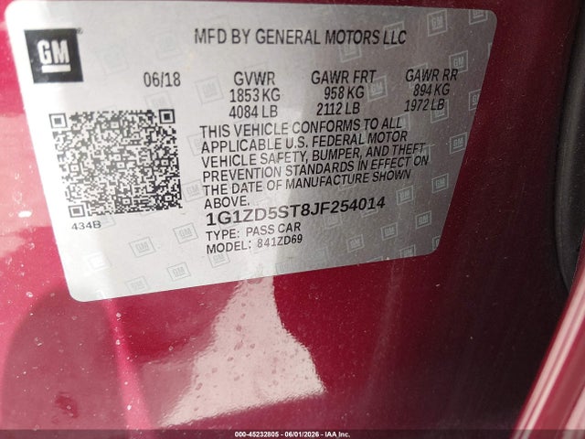 Продаж на аукціоні авто 2018 Chevrolet Malibu Lt, vin: 1G1ZD5ST8JF254014, номер лоту: 45232805