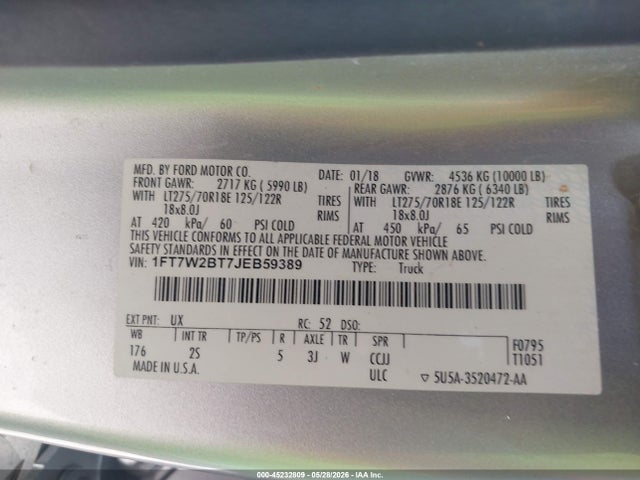 Aukcja sprzedaży 2018 Ford F-250 Xlt, vin: 1FT7W2BT7JEB59389, numer aukcji: 45232809