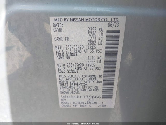 Продаж на аукціоні авто 2023 Nissan Murano Platinum Intelligent Awd, vin: 5N1AZ2DS4PC139666, номер лоту: 45232832