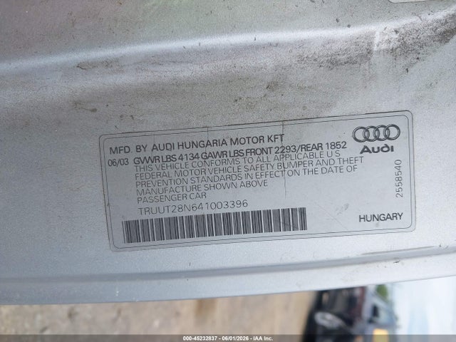2004 Audi Tt 1.8l მანქანა იყიდება აუქციონზე, vin: TRUUT28N641003396, აუქციონის ნომერი: 45232837