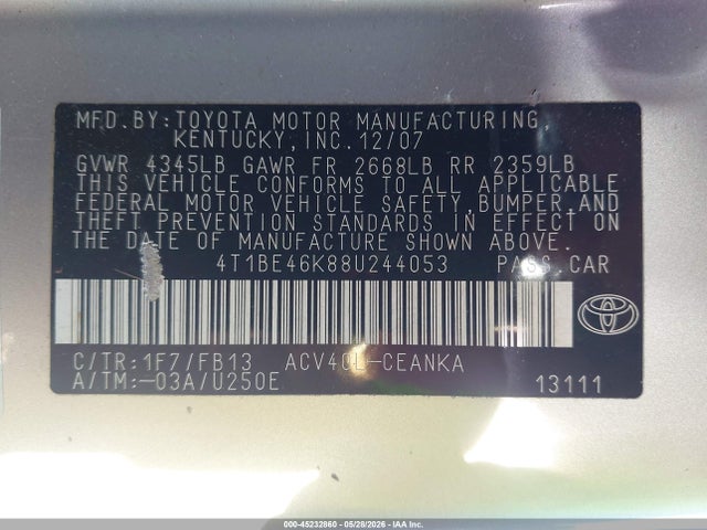 2008 Toyota Camry Le მანქანა იყიდება აუქციონზე, vin: 4T1BE46K88U244053, აუქციონის ნომერი: 45232860