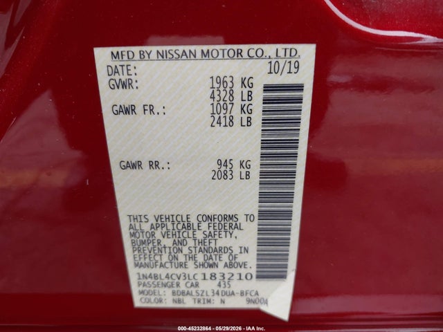 1N4BL4CV3LC183210 Nissan Altima Sr Fwd