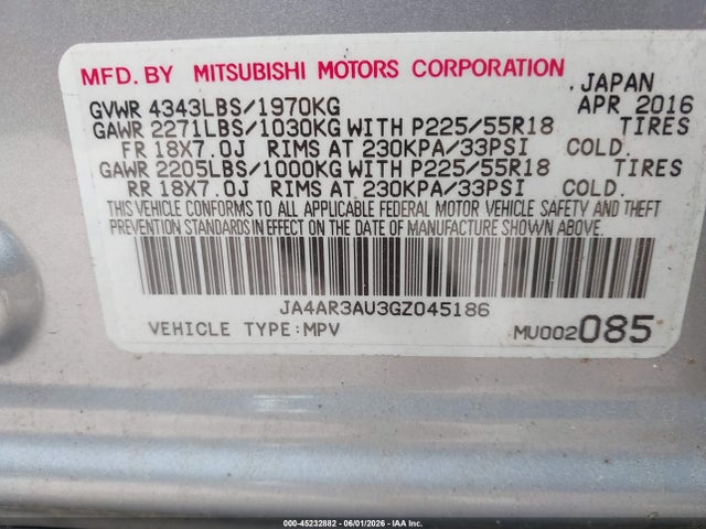 JA4AR3AU3GZ045186 Mitsubishi Outlander Sport 2.0 Es