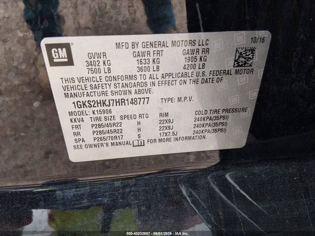 45232887 :رقم المزاد ، 1GKS2HKJ7HR148777 vin ، 2017 Gmc Yukon Xl Denali مزاد بيع