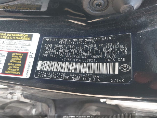 Aukcja sprzedaży 2015 Toyota Camry Se, vin: 4T1BF1FK3FU028216, numer aukcji: 45232908