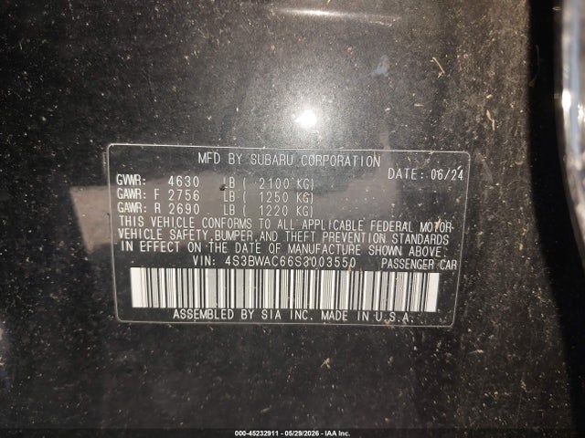 2025 Subaru Legacy Premium მანქანა იყიდება აუქციონზე, vin: 4S3BWAC66S3003550, აუქციონის ნომერი: 45232911