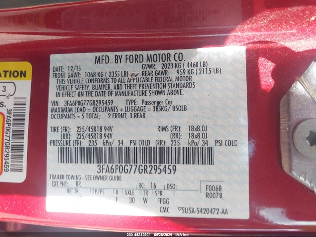 45232921 :رقم المزاد ، 3FA6P0G77GR295459 vin ، 2016 Ford Fusion S مزاد بيع
