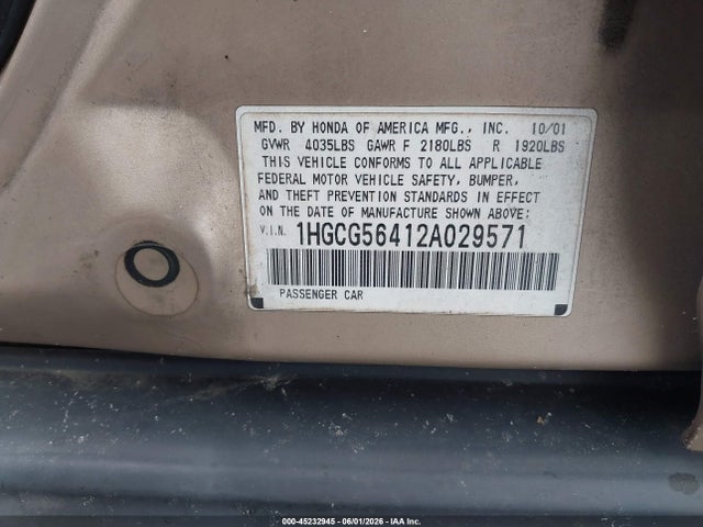 2002 Honda Accord 2.3 Lx მანქანა იყიდება აუქციონზე, vin: 1HGCG56412A029571, აუქციონის ნომერი: 45232945