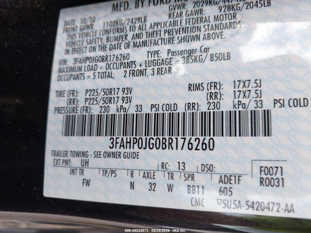 Продаж на аукціоні авто 2011 Ford Fusion Sel, vin: 3FAHP0JG0BR176260, номер лоту: 45232973