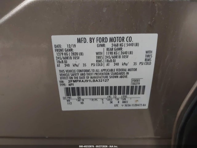 Aukcja sprzedaży 2020 Ford Edge Sel, vin: 2FMPK4J91LBA32127, numer aukcji: 45232976