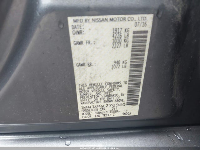 2016 Nissan Altima 2.5 Sr მანქანა იყიდება აუქციონზე, vin: 1N4AL3AP4GC270940, აუქციონის ნომერი: 45232983