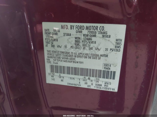 Продажа на аукционе авто 2006 Ford F-150 Fx4/lariat/xl/xlt, vin: 1FTPX145X6FB24191, номер лота: 45232992