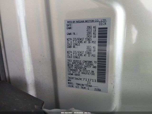 Aukcja sprzedaży 2024 Nissan Rogue S Fwd, vin: 5N1BT3AA2RC713711, numer aukcji: 45233007