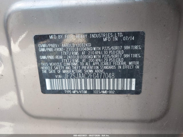 2015 Subaru Forester 2.5i მანქანა იყიდება აუქციონზე, vin: JF2SJAAC2FG477048, აუქციონის ნომერი: 45233021