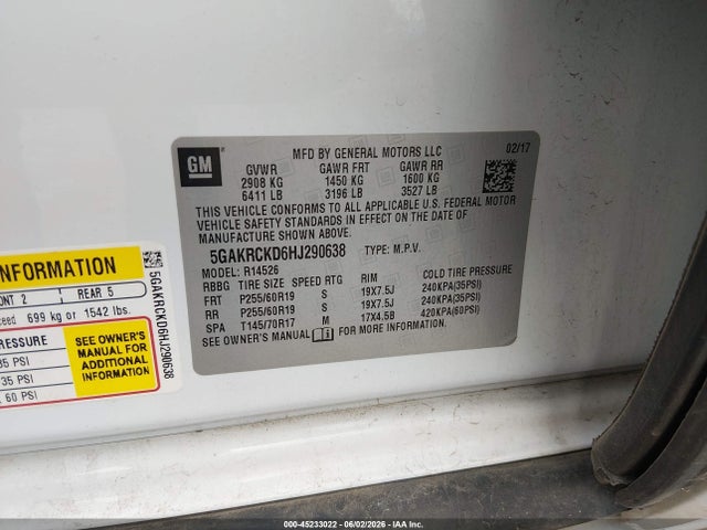 2017 Buick Enclave Premium მანქანა იყიდება აუქციონზე, vin: 5GAKRCKD6HJ290638, აუქციონის ნომერი: 45233022
