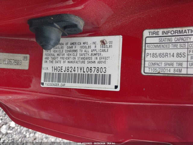 Продажа на аукционе авто 2000 Honda Civic Ex, vin: 1HGEJ8241YL067803, номер лота: 45233023
