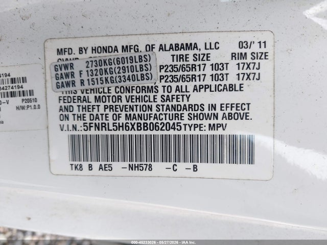 Продажа на аукционе авто 2011 Honda Odyssey Ex-l, vin: 5FNRL5H6XBB062045, номер лота: 45233026
