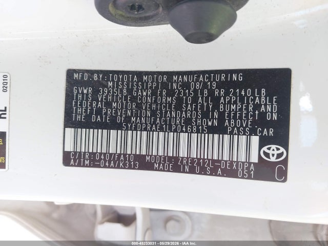 Toyota COROLLA L 2020 5YFDPRAE1LP046815 Image 9