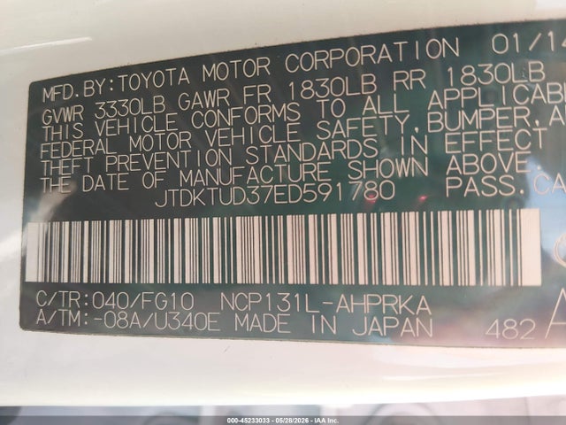 45233033 :رقم المزاد ، JTDKTUD37ED591780 vin ، 2014 Toyota Yaris Le (tmc/cbu Plant) مزاد بيع