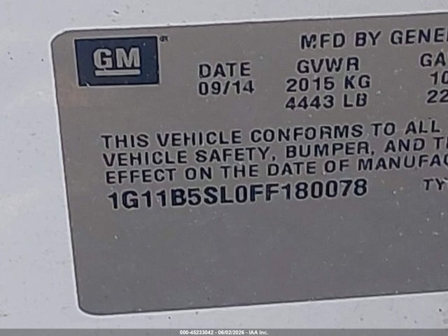 45233042 :رقم المزاد ، 1G11B5SL0FF180078 vin ، 2015 Chevrolet Malibu Ls مزاد بيع