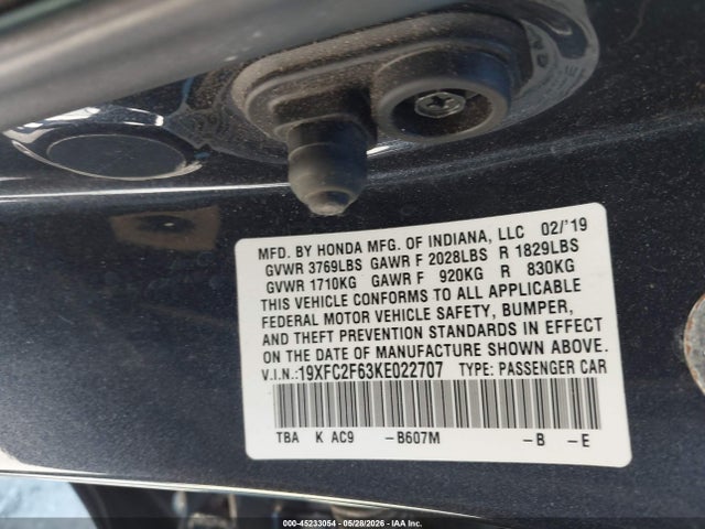 Aukcja sprzedaży 2019 Honda Civic Lx, vin: 19XFC2F63KE022707, numer aukcji: 45233054