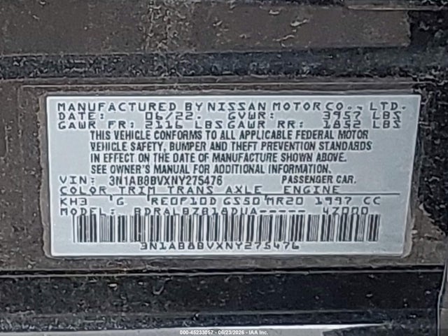 3N1AB8BVXNY275476 Nissan Sentra S Xtronic Cvt