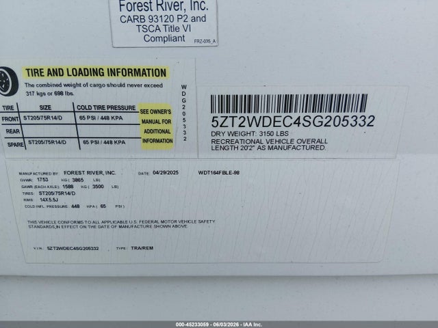 Продаж на аукціоні авто 2025 Forest River Wildwood, vin: 5ZT2WDEC4SG205332, номер лоту: 45233059