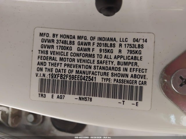 45233069 :رقم المزاد ، 19XFB2F59EE042541 vin ، 2014 Honda Civic Lx مزاد بيع