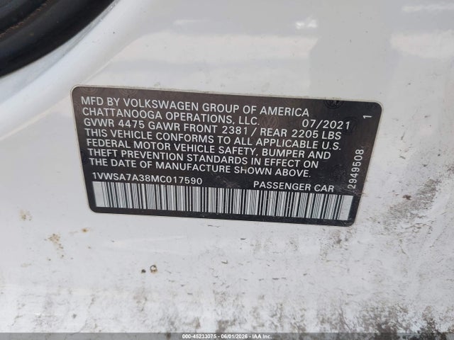Продаж на аукціоні авто 2021 Volkswagen Passat 2.0t Se, vin: 1VWSA7A38MC017590, номер лоту: 45233075