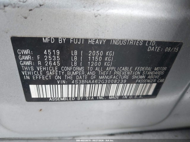 Aukcja sprzedaży 2016 Subaru Legacy 2.5i, vin: 4S3BNAA62G3008239, numer aukcji: 45233079