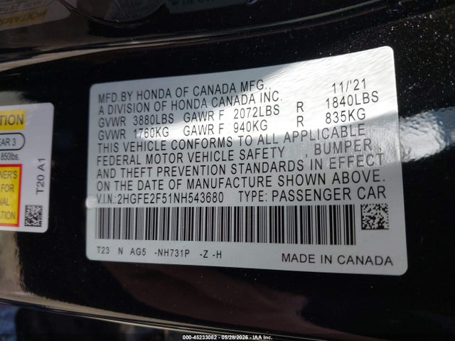 Aukcja sprzedaży 2022 Honda Civic Sport, vin: 2HGFE2F51NH543680, numer aukcji: 45233082
