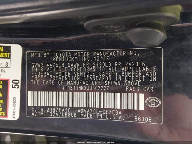 Продажа на аукционе авто 2018 Toyota Camry L, vin: 4T1B11HKXJU567727, номер лота: 45233085